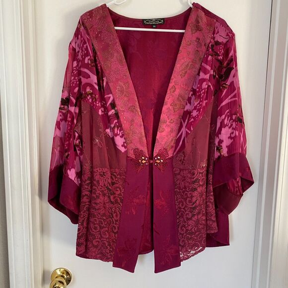 VIOLET KAY VINTAGE Embroidered Lace Mix Print Silk Beaded BoHo Kimono Size 3X - Picture 1 of 7